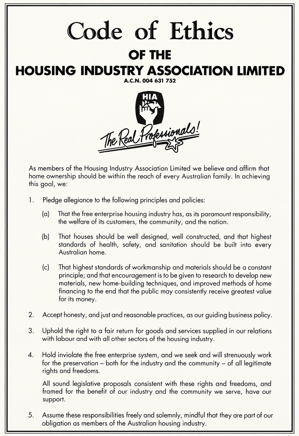 Housing Industry Association Code of Ethics